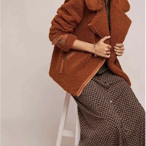 Marrakech Anthropologie Women size Small brown fuzzy Teddy Moto zip jacket - Picture 2 of 15